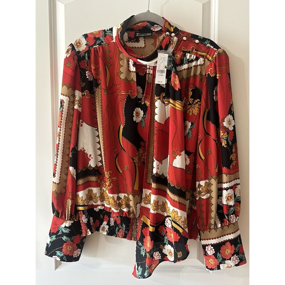New York And Company Women’s XL Red Floral Chain Print Blouse Cold Shoulder NWT